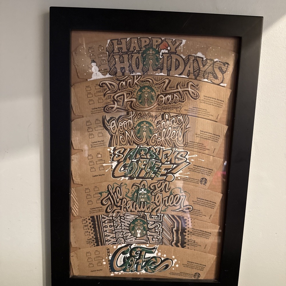 Starbucks Happy Holidays Framed Coffee Cup Sleeves Custom Art Hand Drawn